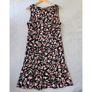 Talbots Dress Womens Size 14 Black Tan Pretty Floral Print Slinky Stretch Knit